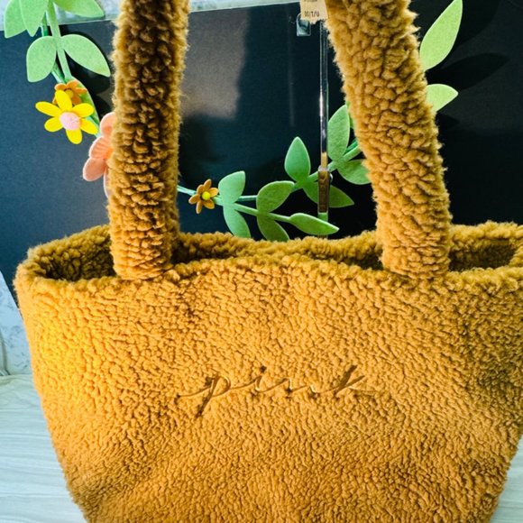 Victoria's Secret VS PINK Plush Sherpa Tote Bag Tan Brown Logo - Picture 1 of 5